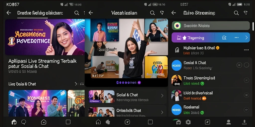 Antarmuka aplikasi KO857 dengan fitur Live Streaming yang menarik.