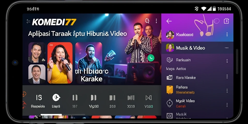 Antarmuka KOMEDI77 menunjukkan lirik dan kontrol karaoke dengan jelas.
